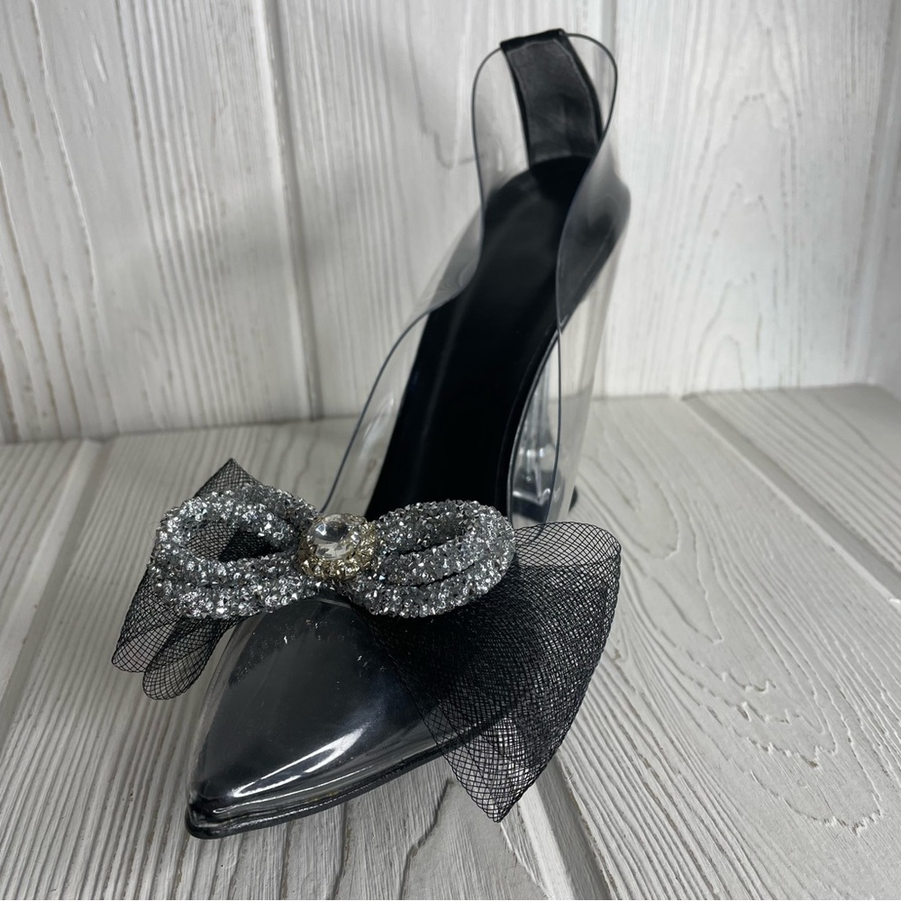 Star Clear Pumps 9 40 Black Mesh & Rhinestone Bows 4.5” Heel Transparent